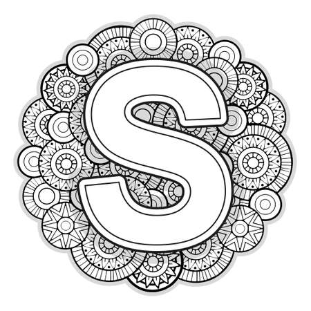 Vector Coloring page for adults. Contour black and white Capital English Letter S on a mandala backgroundの写真素材
