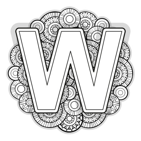 Vector Coloring page for adults. Contour black and white Capital English Letter W on a mandala backgroundの写真素材