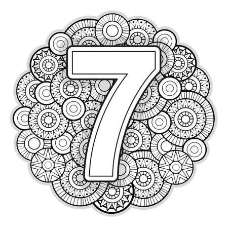 Vector Coloring page for adults. Contour black and white Number 7 on a mandala backgroundのイラスト素材