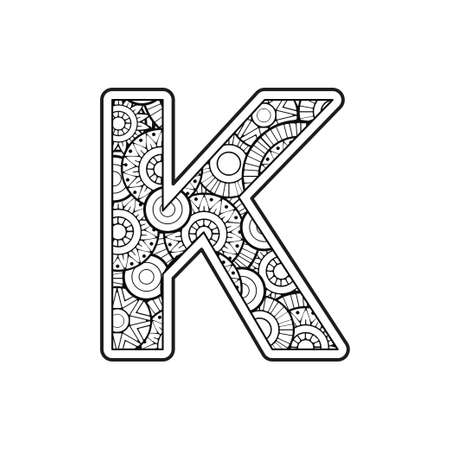 Coloring page for adult. Contour Capital English Letter K on a mandala backgroundのイラスト素材