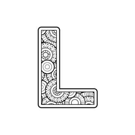 Coloring page for adult. Contour Capital English Letter L on a mandala backgroundのイラスト素材