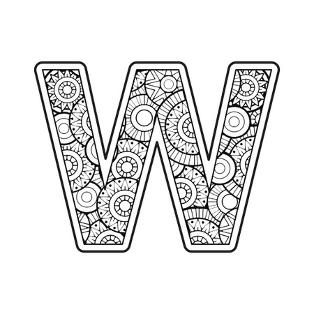 Coloring page for adult. Contour Capital English Letter W on a mandala backgroundのイラスト素材