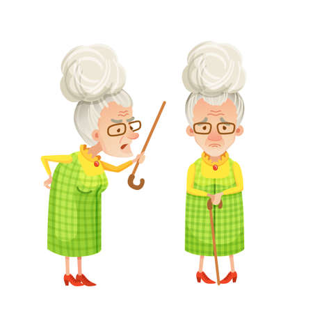 Senior woman with walking stick. Grandma feel angry, sad or sickのイラスト素材