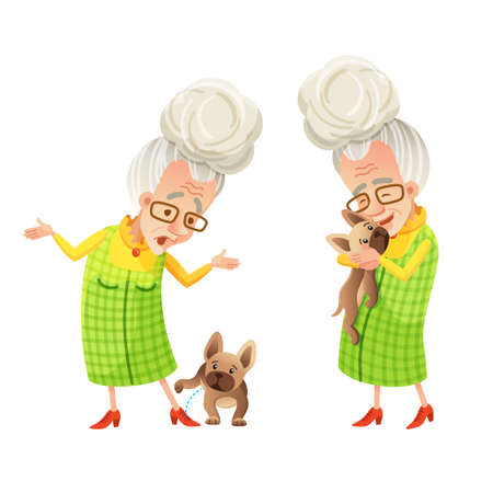 Happy senior woman with dog. Active retired grandma feels carefree with pet angry and happyのイラスト素材