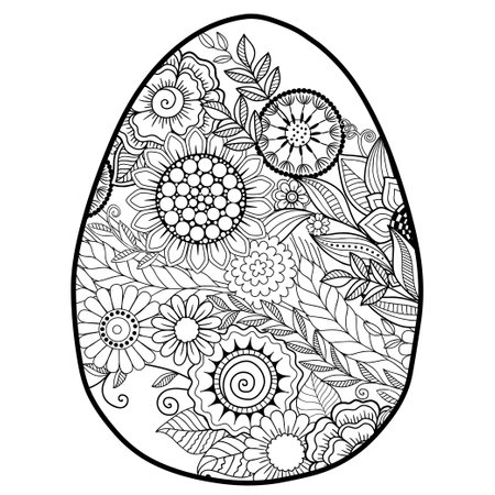 Vector coloring book page for adults coloring. Black contour detailed easter egg in mandala style on white backgroundのイラスト素材