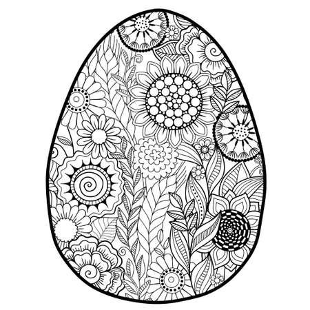 Vector coloring book page for adults coloring. Black contour detailed easter egg in mandala style on white backgroundのイラスト素材