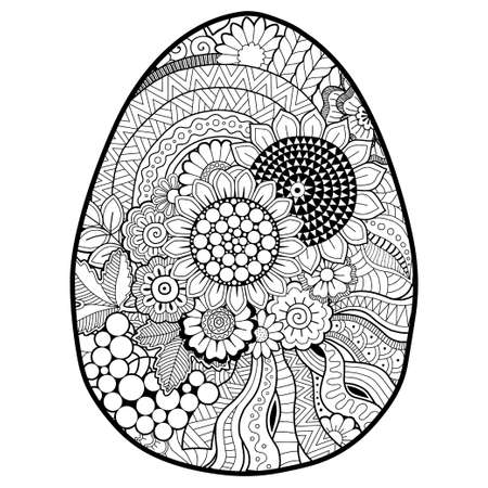 Vector coloring book page for adults coloring. Black contour detailed easter egg in mandala style on white backgroundのイラスト素材