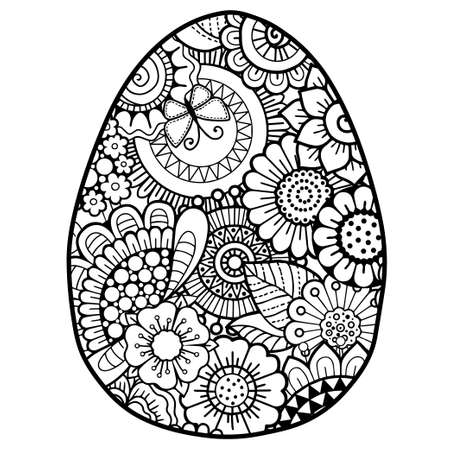 Vector coloring book page for adults coloring. Black contour detailed easter egg in mandala style on white backgroundのイラスト素材