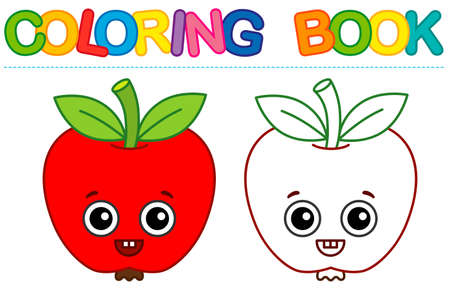 Coloring page funny smiling red Apple. Vector coloring book for childrens activityのイラスト素材