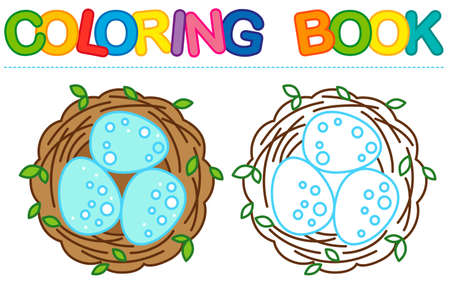 Coloring page nest with eggs. Coloring book for childrens activityのイラスト素材