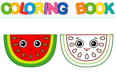 Coloring page funny smiling red watermelon. Vector coloring book for childrens activityのイラスト素材