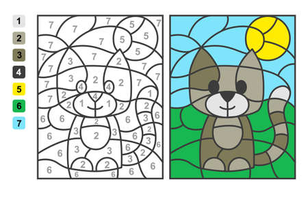 Simple vector coloring pet animal cat, color by numbers. Puzzle game for children educationのイラスト素材