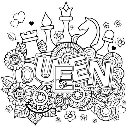 Vector Coloring book page for adults. Queen of Chess. Black and white flower in a mandala styleのイラスト素材