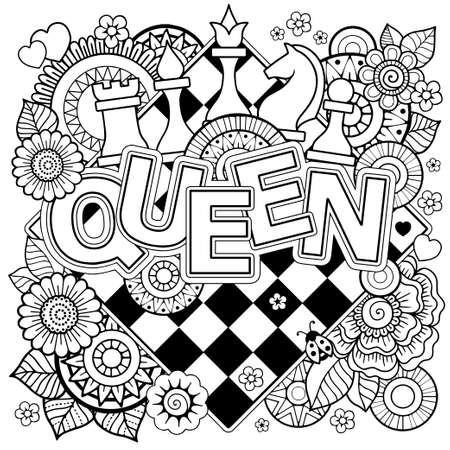 Vector Coloring book page for adults. Queen of Chess. Black and white flower in a mandala style on a chess boardのイラスト素材