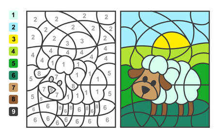 Color by numbers sheep in the meadow. Puzzle game for children education, drawing and learning mathematicsのイラスト素材