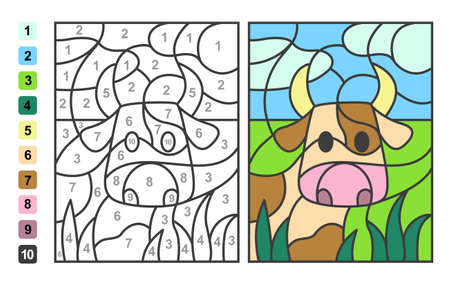 Color by numbers cow in the meadow. Puzzle game for children education, drawing and learning mathematicsのイラスト素材