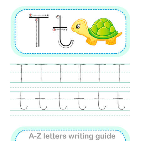 Letter Writing Guide. Worksheet Tracing letters T. Uppercase and lowercase English alphabetのイラスト素材