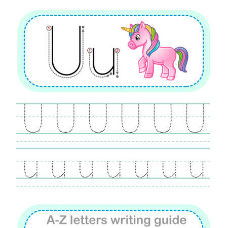 Letter Writing Guide. Worksheet Tracing letters U. Uppercase and lowercase English alphabetのイラスト素材