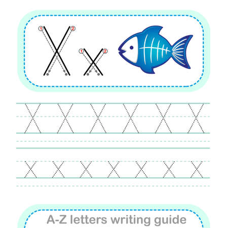 Letter Writing Guide. Worksheet Tracing letters X. Uppercase and lowercase English alphabetのイラスト素材