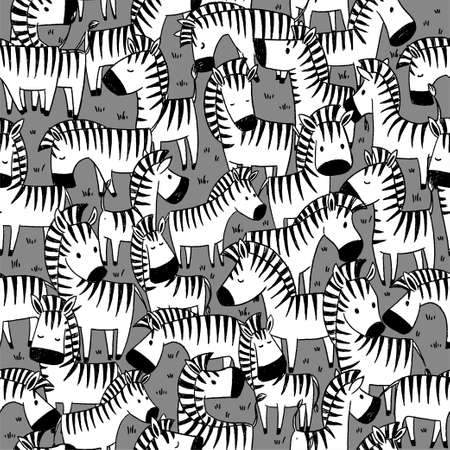 Funny animals. Herd of zebras in a doodle style. Black and white vector seamless patternの写真素材