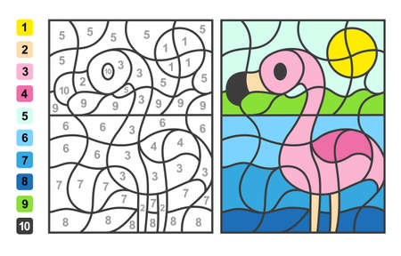 Color by numbers flamingo bird. Puzzle game for children education, drawing and learning mathematicsのイラスト素材