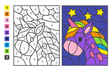 Color by numbers unicorn Animal. Puzzle game for children education, drawing and learning mathematicsのイラスト素材