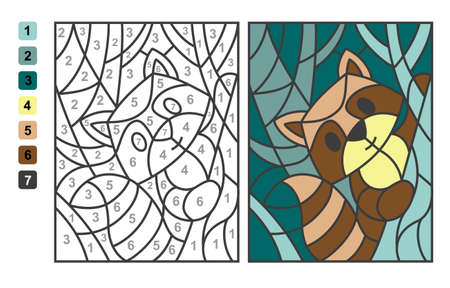 Color by numbers raccoon Animal. Puzzle game for children education, drawing and learning mathematicsのイラスト素材