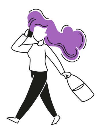 Happy buyer. The girl is holding packages, bags. Big sale. Vector flat design in trendy styleのイラスト素材
