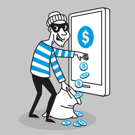 Vector concept. Cyber Thief steals personal data and funds from a mobile phone. Character in cartoon styleのイラスト素材