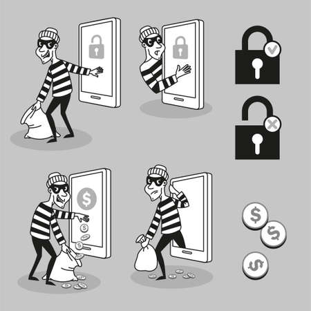 Vector concept. Cyber Thief steals personal data and funds from a mobile phone. Character in cartoon styleのイラスト素材