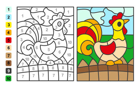 Color by numbers rooster Animal. Puzzle game for children education, drawing and learning mathematicsのイラスト素材