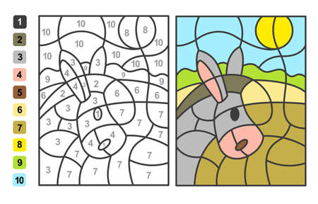 Color by numbers donkey Animal. Puzzle game for children education, drawing and learning mathematicsのイラスト素材