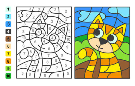 Color by numbers cat Animal. Puzzle game for children education, drawing and learning mathematicsのイラスト素材