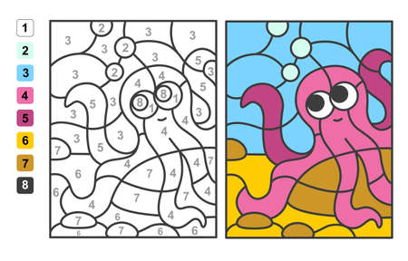 Color by numbers sea and ocean life. Puzzle game for children education, drawing and learning mathematicsのイラスト素材