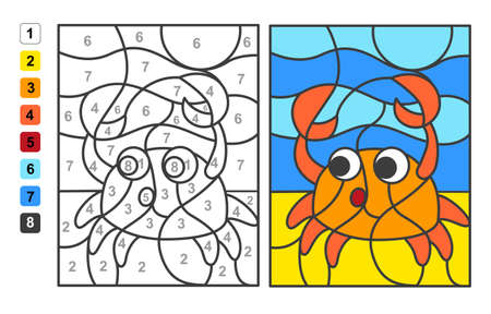 Color by numbers sea and ocean life. Puzzle game for children education, drawing and learning mathematicsのイラスト素材