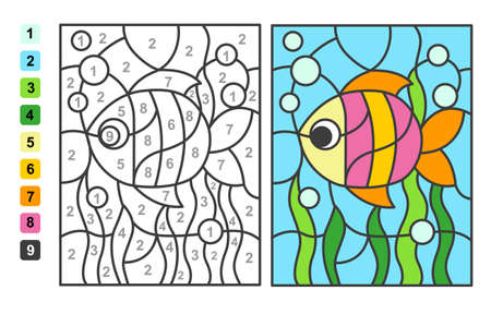 Color by numbers sea and ocean life. Puzzle game for children education, drawing and learning mathematicsのイラスト素材