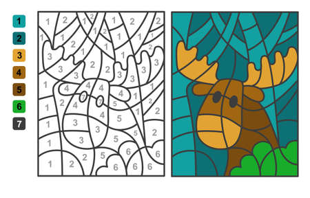 Color by numbers elk Animal. Puzzle game for children education, drawing and learning mathematicsのイラスト素材