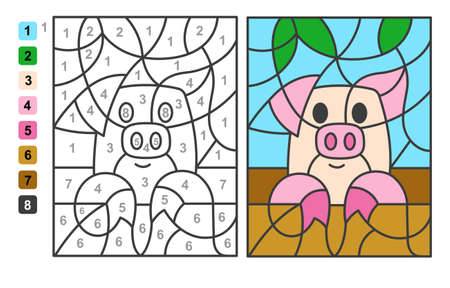 Color by numbers pig Animal. Puzzle game for children education, drawing and learning mathematicsのイラスト素材