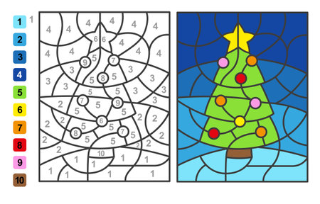 Merry Christmas. Color by numbers. Puzzle game for children education, colors for drawing and learning mathematicsのイラスト素材
