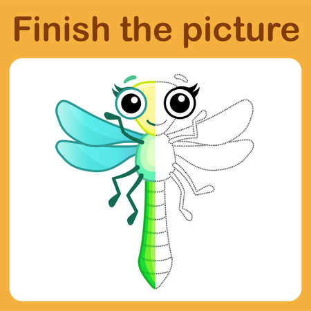 Connect the dot and complete the picture. Simple coloring funny insect dragonfly. Drawing game for children.のイラスト素材