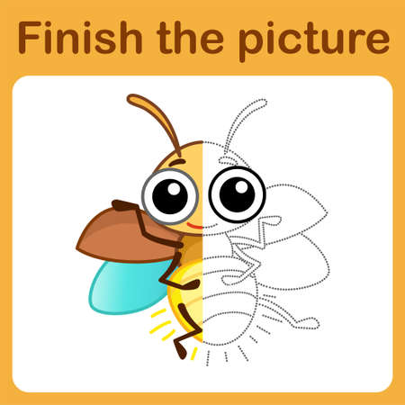 Connect the dot and complete the picture. Simple coloring funny insect firefly. Drawing game for children.のイラスト素材