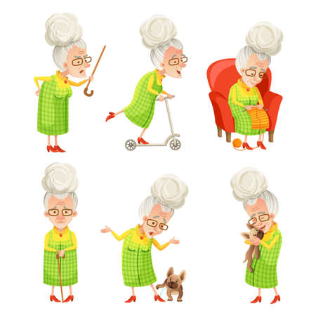 Vector Set of senior women in a cartoon style isolated on a white background. Retirees daily activities, routine and entertainmentのイラスト素材