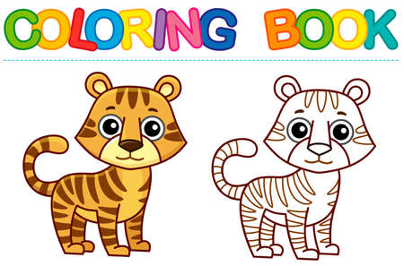 Zoo animal for children coloring book. Funny tiger in a cartoon style. Trace the dots and color the pictureのイラスト素材