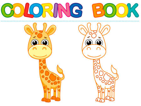 Zoo animal for children coloring book. Funny giraffe in a cartoon style. Trace the dots and color the pictureのイラスト素材