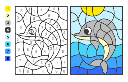 Color by numbers sea and ocean life. Puzzle game for children education, colors for drawing and learning mathematicsのイラスト素材