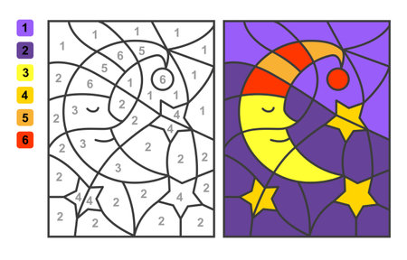 Color by numbersnight, moon and stars. Puzzle game for children education, colors for drawing and learning mathematicsのイラスト素材