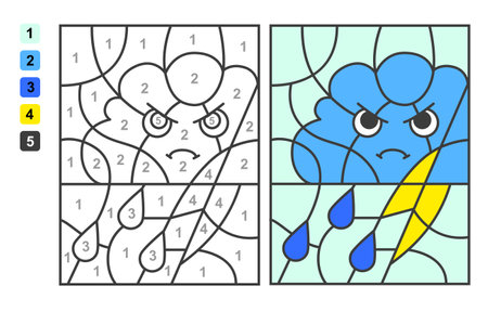 Color by numbers cloud and thundes. Puzzle game for children education, colors for drawing and learning mathematicsのイラスト素材