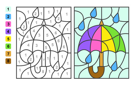 Color by numbers rain umbrella. Puzzle game for children education, colors for drawing and learning mathematicsのイラスト素材