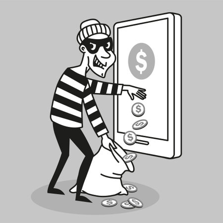 Vector concept. Hacker steals personal data and funds from a mobile phone. Character in cartoon styleのイラスト素材