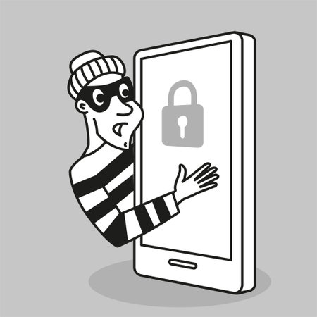 Vector concept. Hacker steals personal data and funds from a mobile phone. Character in cartoon styleのイラスト素材